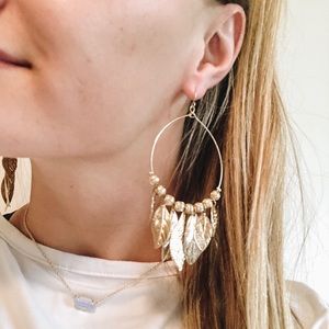 Gold Hoops with Dangling Leaves